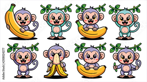 Photography Art & IllustrationCute Cartoon Monkey Character Sticker Set with Bananas and Jun