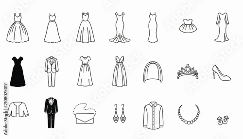 Photography Icons of wedding attire and accessories are arranged in a grid to display various formal clothing options