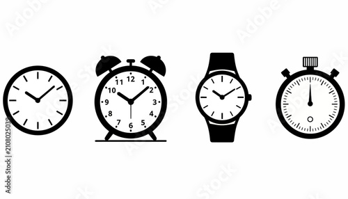 Clocks and timepieces are arranged in a series of black and white icons to represent the concept of time management and measurement.