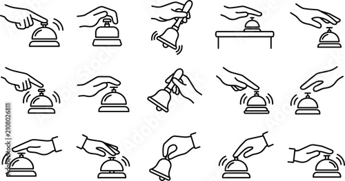 Tableau sur toile Hotel Reception Desk Bell and Service Ring Line Icon Set featuring Hands Pressin