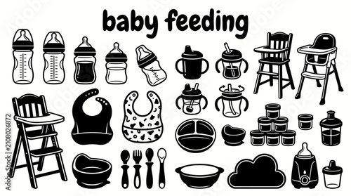 Schilderij op canvas baby feeding accessories featuring bottles bibs bowls spoons high chairs sippy c