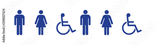 Restroom and accessibility icons illustrating male, female, and wheelchair symbols in blue styles with clean minimalist vector graphics for inclusive facilities, public signage, accessibility guidance
