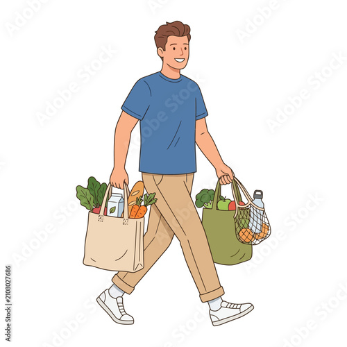 Принти на полотні Flat vector illustration of a man carrying reusable grocery bags filled with fre