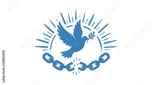 Foto Blue vector illustration of a flying dove with olive branch and broken chain for