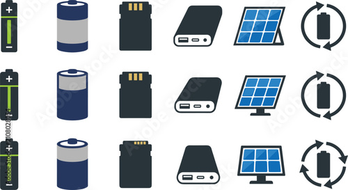 Cuadro en lienzo Portable Power and Renewable Energy Electronics Icon Set featuring Batteries Mem