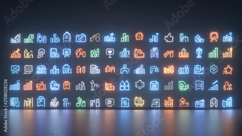 Neon graphic icons, various business/productivity themes, displayed on a dark wall