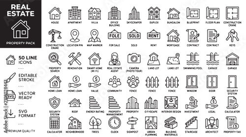 Real estate line icons set, 50 property pack vector symbols, modern house and apartment building outline signs for web