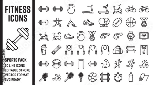 Fitness icons set, 50 sports line icons pack. Gym and workout vector symbols. Minimalist athletic equipment collection for health apps.