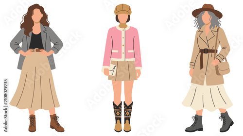 Collection of three women wearing stylish autumn outfits and accessories in minimalist style.
