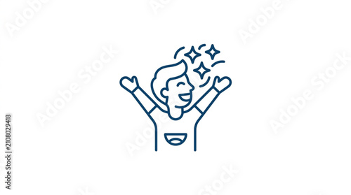 Quadro su tela Happy young boy with arms raised in celebration and stars above his head