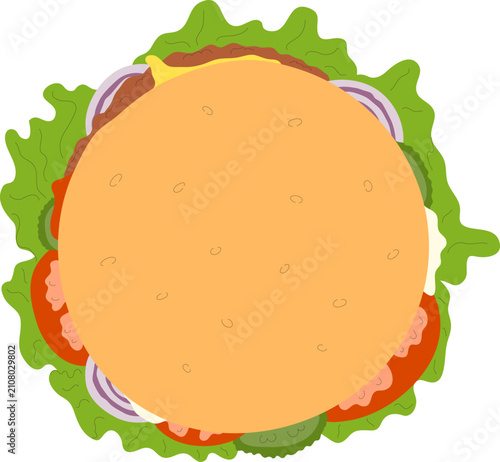 Big cheeseburger top view hand drawn vector illustration. Trendy minimalist tasty fast food print