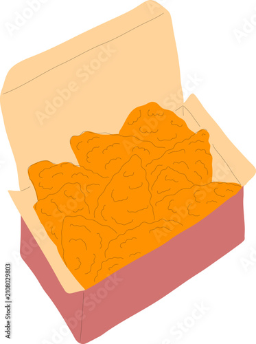 Box with crunchy fried chicken bites hand drawn vector illustration. Trendy minimalist tasty fast food print