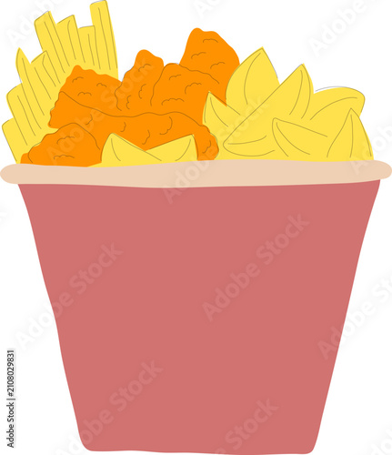 Big bucket with crunchy fried chicken bites and french fries hand drawn vector illustration. Trendy minimalist tasty fast food print