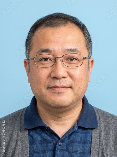 日本人中年男性の証明写真：日本の証明写真をイメージした、40代〜50代男性のバストアップポートレート。履歴書・マイナンバーカード・パスポート・運転免許証・社員証などのイメージ写真に最適