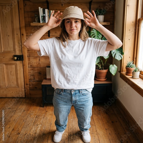 Young woman wearing a white t-shirt and a bucket hat stands in a rustic wooden room with shelves.