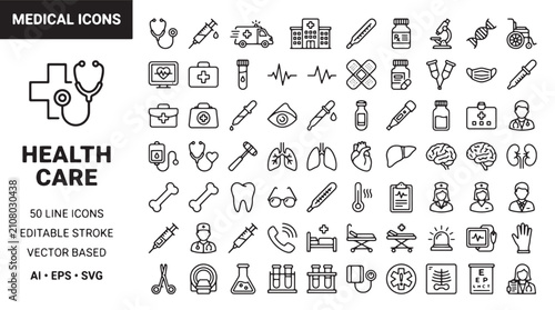 Medical icons set with 50 line icons, health care symbols for hospital and medicine, editable stroke vector based illustrations for clinic apps