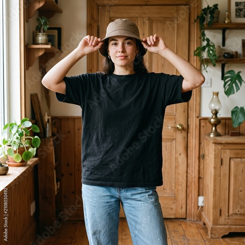 Young woman wearing a black t-shirt and a bucket hat poses inside a rustic room with wooden walls.
