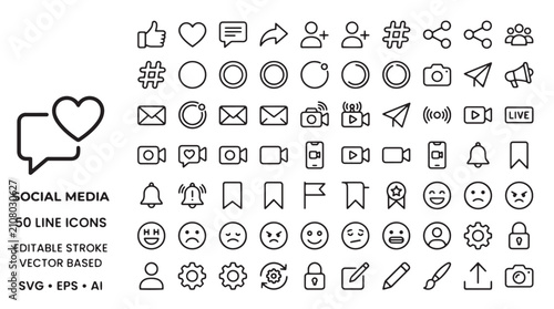 Social media line icons set, 80 editable stroke vector symbols, minimalist black outline web UI elements, communication and networking icons for app design