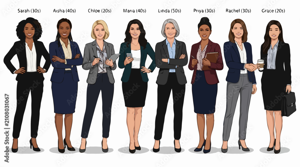 Obraz premium A diverse group of nine professional women of various ages and ethnicities, each dressed in business attire, standing confidently. Each woman is labeled with her name and age.