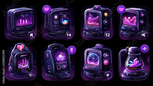 Nine stylized, futuristic,  retro-inspired devices.  Each square graphic depicts a different object,  with glowing,  purple highlights.  Heart icons and  numerals appear on some.  Dark background