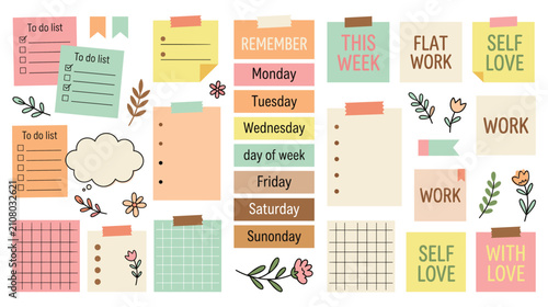 Sticky notes collection with day of week, to do list, self love, remember, and work text.