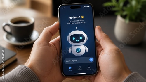 Person using AI assistant chatbot application on smartphone screen with virtual helper interface design