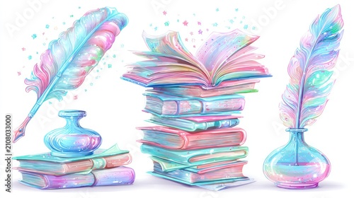 Pastel-colored books, feathers, and inkwell, whimsical design