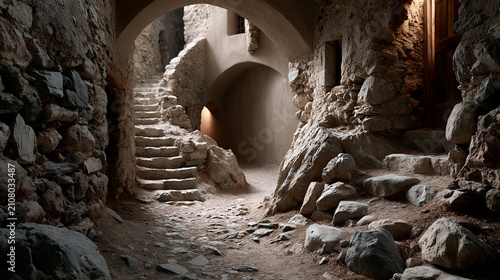 Urban alleyway historic alley stone stair arched passage old wall rustic path narrow corridor ancient architecture, weathered stone passage with