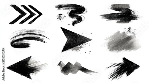 Set of graphic brushstrokes, arrows, and abstract shapes in black and gray on white