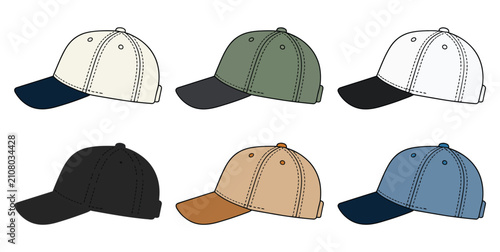 Foto Baseball cap icons featuring six colorful sports hats in flat vector style for f