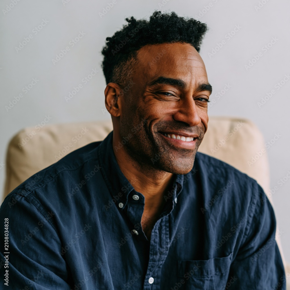 Fototapeta premium Confident smiling man in navy shirt on neutral backdrop for vertical portrait and professional profile banner design
