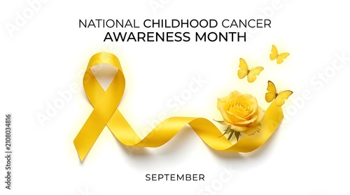 National childhood cancer awareness month yellow ribbon and rose composition