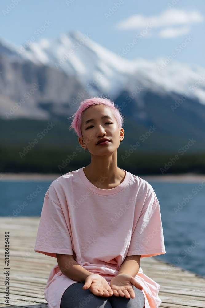 Fototapeta premium Portrait of a seated person with outstretched hands on a dock by a mountain lake for mindfulness banner and wellness background with gentle pastel colors