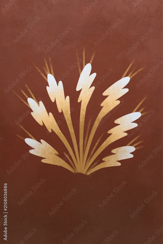 Obraz premium Stylized gold leaf burst on warm terracotta background for elegant wallpaper and poster design