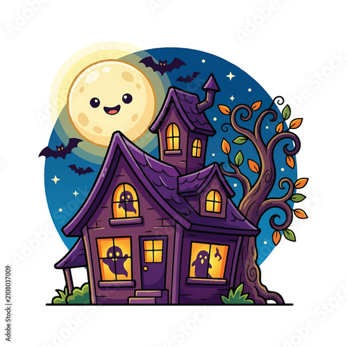 Haunted House in the Woods at Night with Full Moon Bats and Trees Cartoon Vector Illustration for Halloween Autumn Holiday Design
