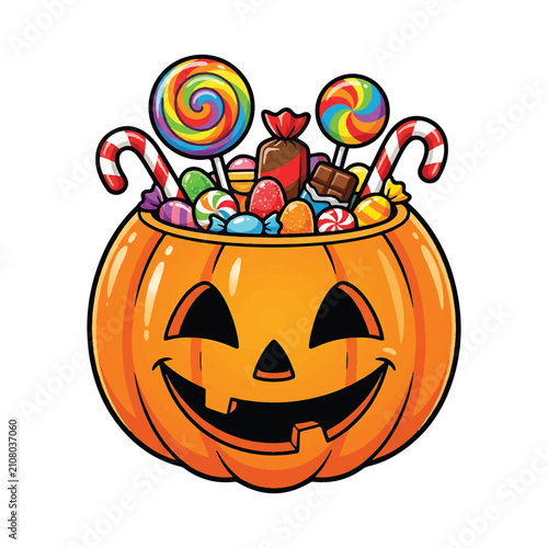 Halloween Jack O Lantern Pumpkin with Candy and Candy Corn Vector Illustration Isolated on White Background for Autumn Holiday Celebration and Spooky October Decoration