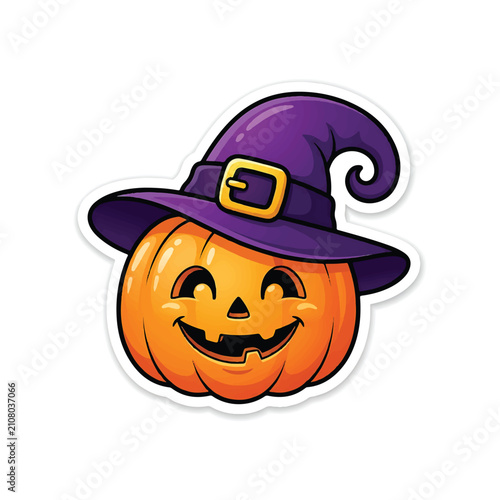 Halloween Jack O Lantern Pumpkin with Witch Hat Black Cat and Spooky Smile Vector Illustration for Autumn Holiday Celebration