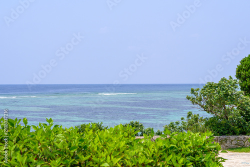 Fotografie 沖縄の海を望む緑に囲まれたビーチの風景