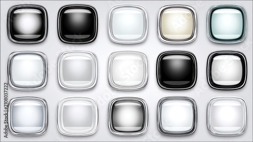 Set of square, glossy buttons in various shades of gray, black, and white