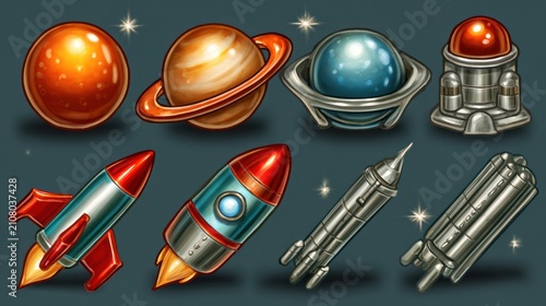Space icons, planets, rockets, and stations