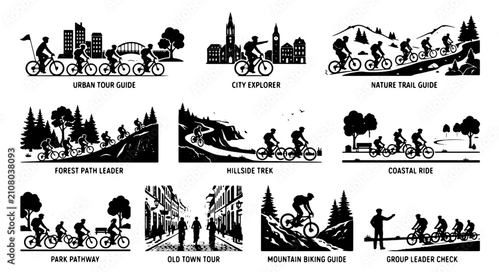 Fototapeta premium Mountain Biking Icons Set, Diverse Trail Adventures Vector Collection, Urban Exploration, Nature Trails, Coastal Rides, Group Cycling Graphics