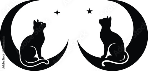 Tableau sur toile Celestial cats two silhouetted felines gazing at stars on crescent moons