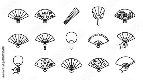 Collection of traditional and modern handheld folding fan illustrations