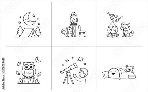 Camping and nature icons set with tent and animals