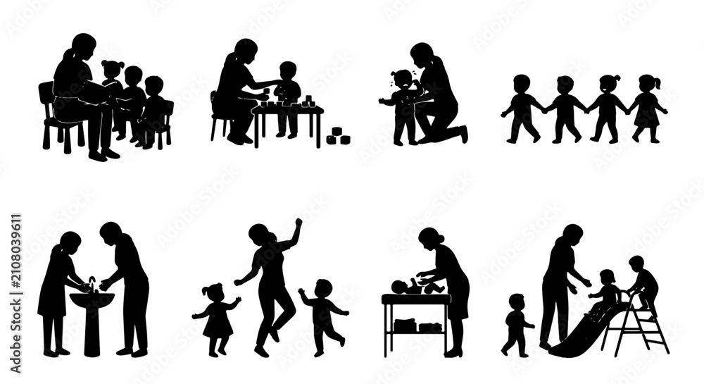 Fototapeta premium Childcare Silhouettes: Teacher and Children Activities, Nursery, Kindergarten, Playtime, Learning, Hygiene, 8 Icons