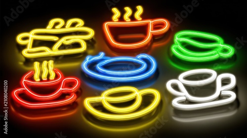 Neon coffee and pastry signs.  Colorful glowing coffee cups and pastries, neon style, on a dark background
