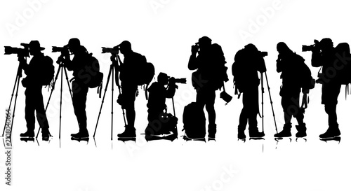 Cuadro en lienzo Silhouette Photographers with Tripods and Backpacks, Diverse Poses, Outdoor Adve