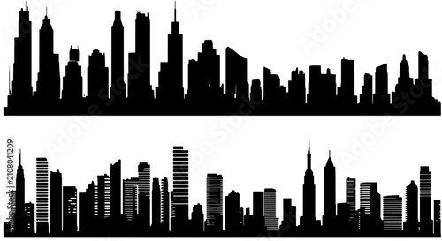 Fotografía Modern City Skyline Silhouettes, Urban Architecture Vector Graphics, Downtown Bu