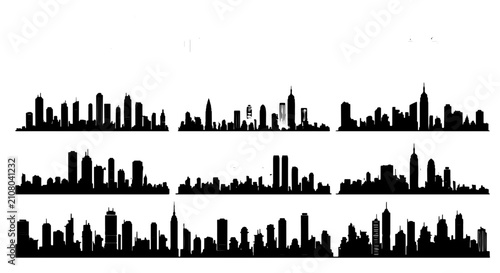 Fotografie Diverse Cityscape Silhouettes, Urban Skyline Vector Collection, Modern Architect