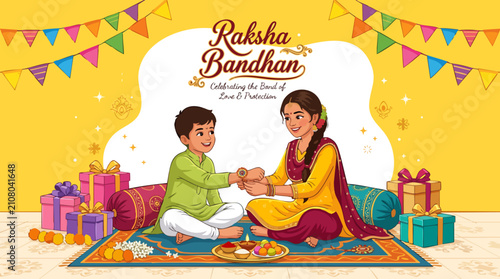 Raksha Bandhan Celebration: A tender moment captured as a sister ties a Rakhi on her brother's wrist, surrounded by festive gifts and colorful decorations, embodying the bond of love and protection.
